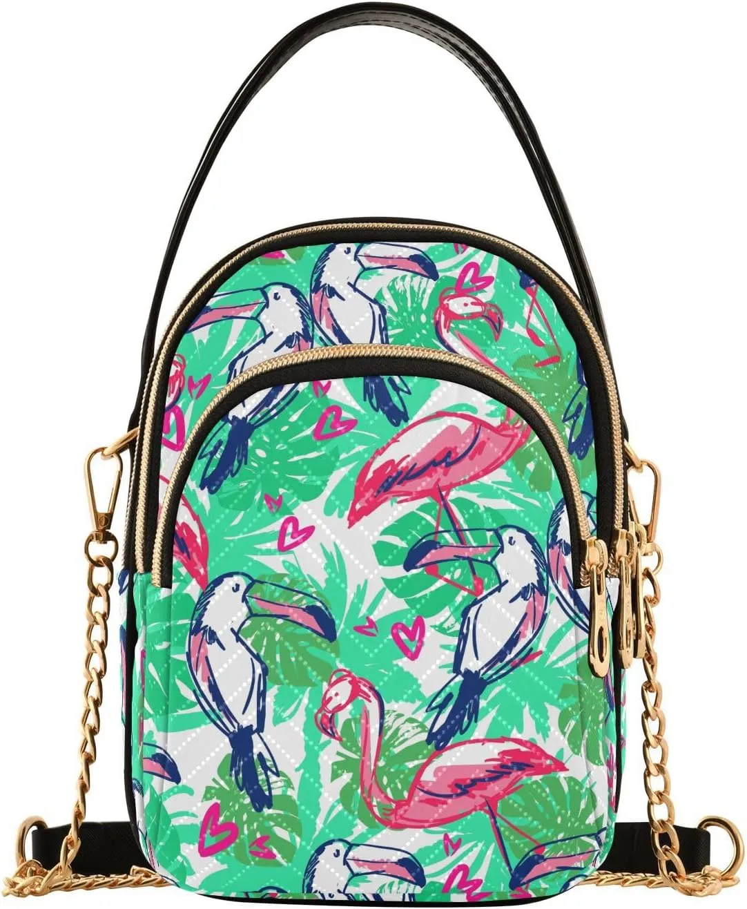 Chain Crossbody Bags for Women Quilted Flamingos Toucan Shoulder Bag Handbag Tropic Leaves Trendy Cross Body Cell Phone Crossbody Purses for Travel Women