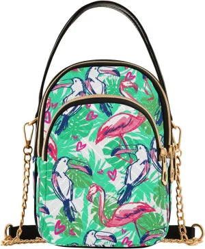 Chain Crossbody Bags for Women Quilted Flamingos Toucan Shoulder Bag Handbag Tropic Leaves Trendy Cross Body Cell Phone Crossbody Purses for Travel Women