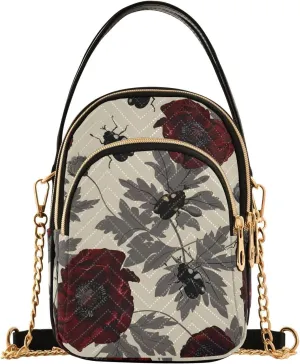 Chain Crossbody Bags for Women Rose Beetle Pattern Beige Quilted Shoulder Handbags Travel Cross Body Cell Phone Purses Bags