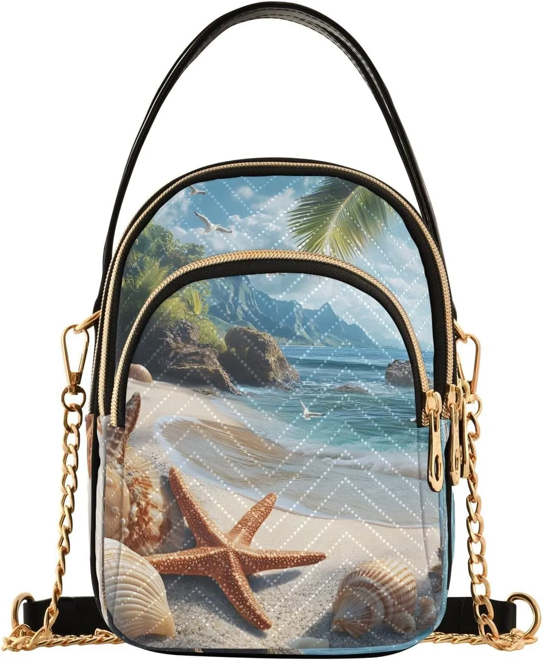 Chain Crossbody Bags for Women Seaside Starfish Shell Seagull Quilted Shoulder Handbags Travel Cross Body Cell Phone Purses Bags