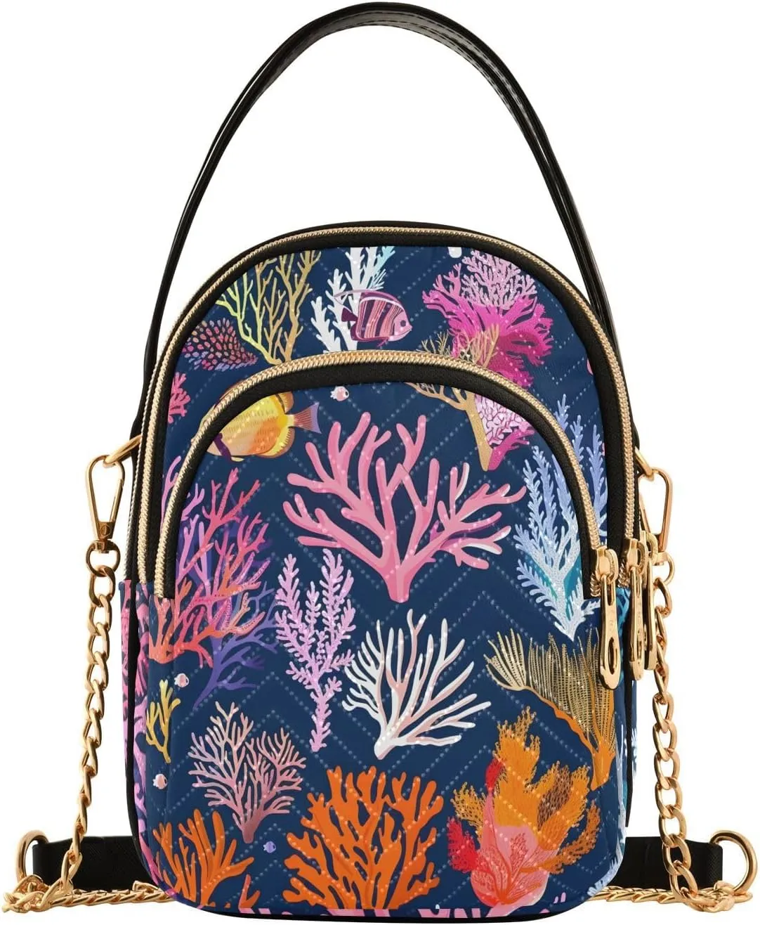 Chain Crossbody Bags for Women Tropical Fish Coral Reef Quilted Shoulder Handbags Travel Cross Body Cell Phone Purses Bags