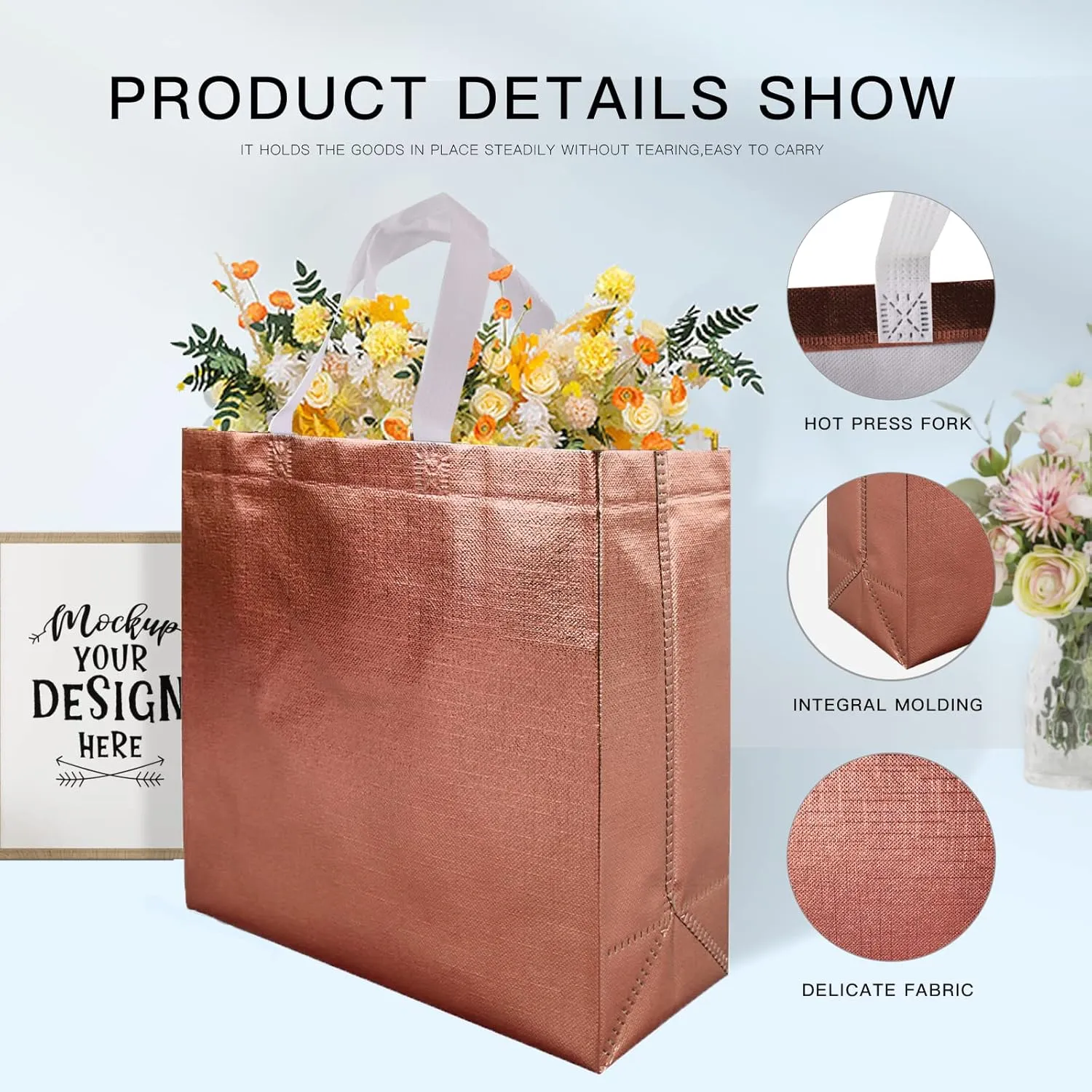 CHENGBAI TOTE Rose Gold Reusable Gift Bags with Handles 15 Pcs, Metallic Bling Shimmer Design Gift Wrap in Bulk for Birthday, Weddings, Holiday