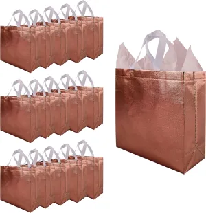 CHENGBAI TOTE Rose Gold Reusable Gift Bags with Handles 15 Pcs, Metallic Bling Shimmer Design Gift Wrap in Bulk for Birthday, Weddings, Holiday