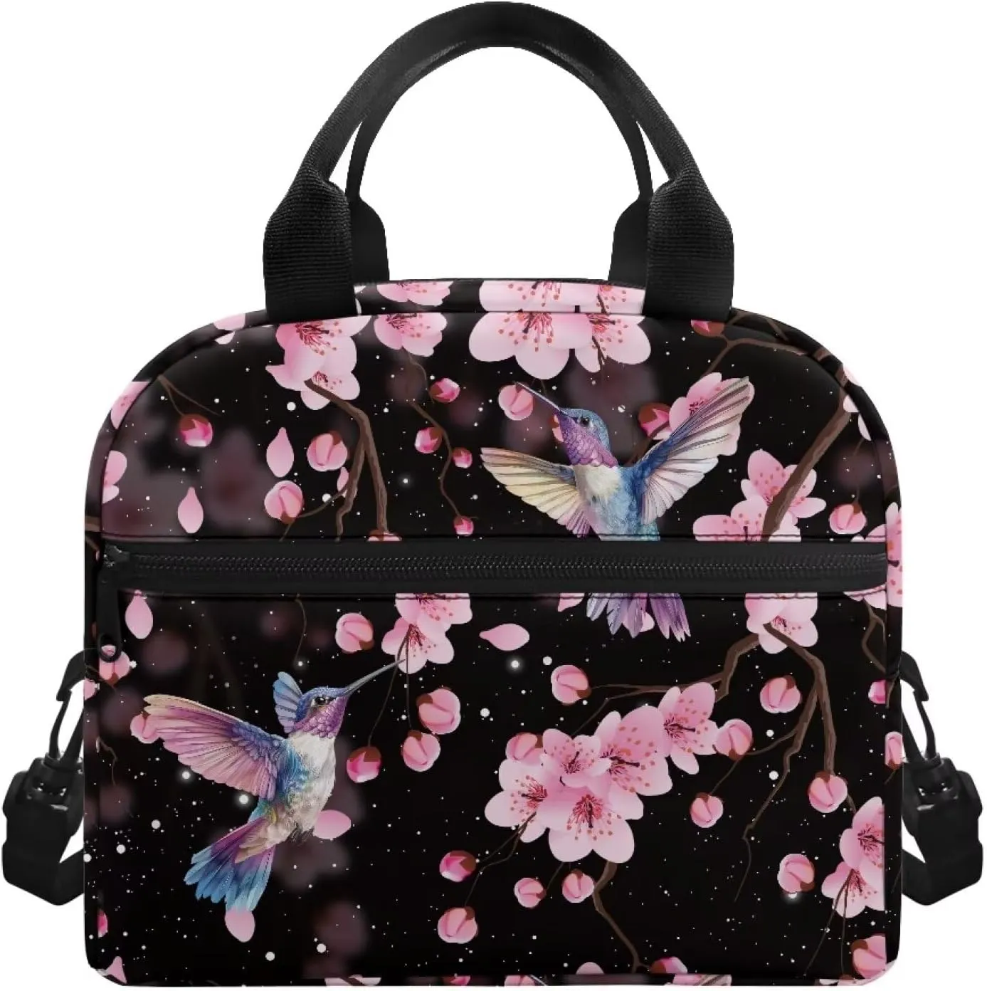 Cherry Blossom Lunch Bag Women Insulated Lunch Box Reusable Lunch Tote Bag Thermal Cooler Bag with Shoulder Strap for Work School Picnic Floral Hummingbird Soft Snack Bento Box Pouch Black