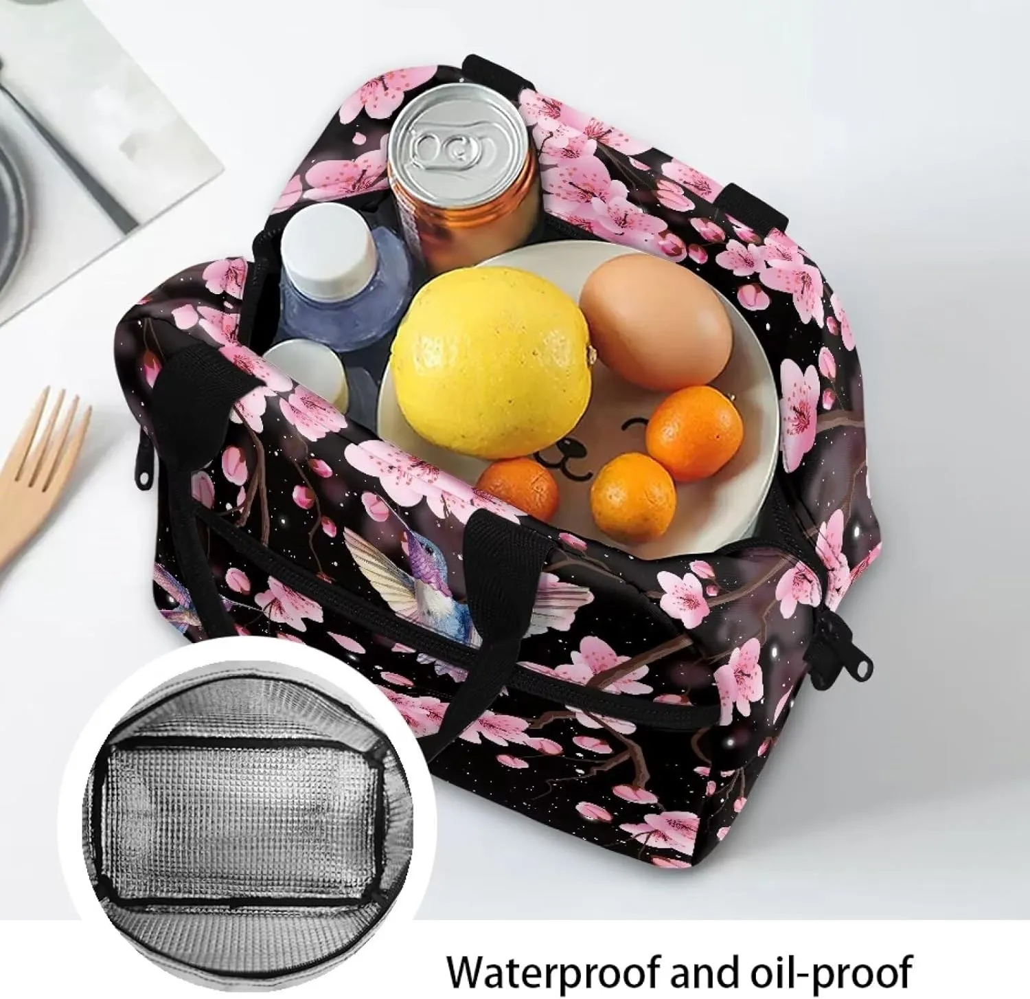 Cherry Blossom Lunch Bag Women Insulated Lunch Box Reusable Lunch Tote Bag Thermal Cooler Bag with Shoulder Strap for Work School Picnic Floral Hummingbird Soft Snack Bento Box Pouch Black