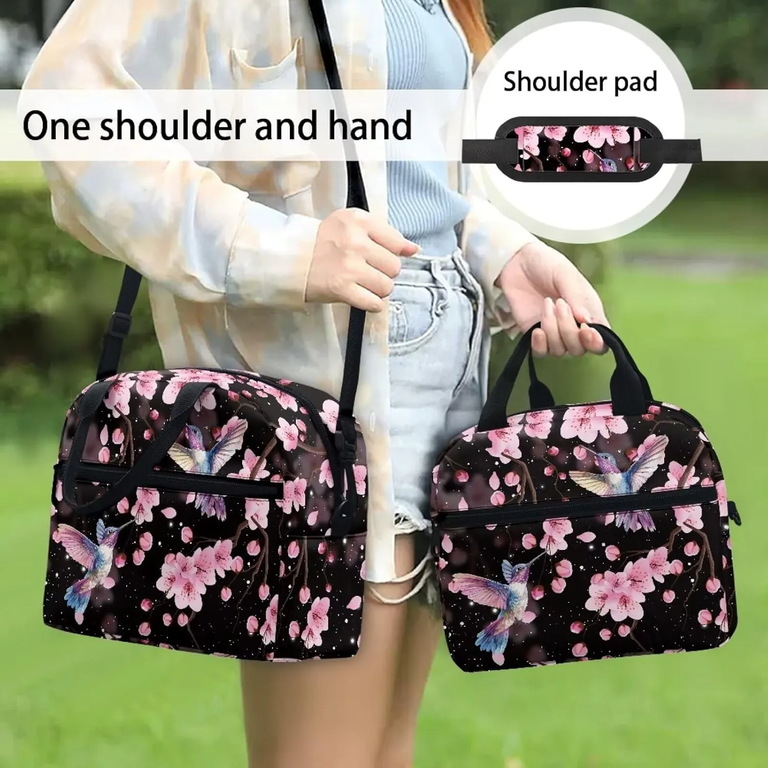 Cherry Blossom Lunch Bag Women Insulated Lunch Box Reusable Lunch Tote Bag Thermal Cooler Bag with Shoulder Strap for Work School Picnic Floral Hummingbird Soft Snack Bento Box Pouch Black