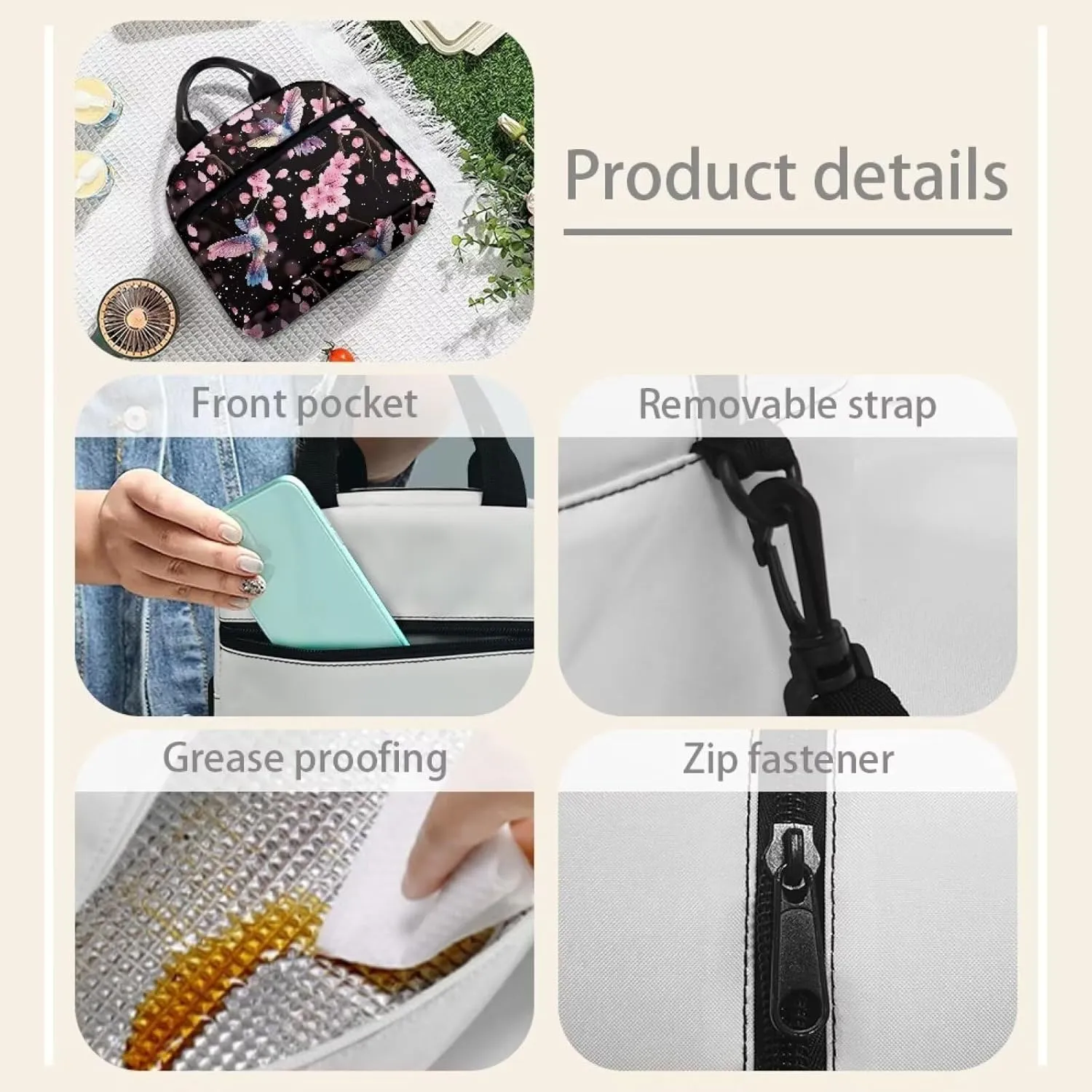 Cherry Blossom Lunch Bag Women Insulated Lunch Box Reusable Lunch Tote Bag Thermal Cooler Bag with Shoulder Strap for Work School Picnic Floral Hummingbird Soft Snack Bento Box Pouch Black