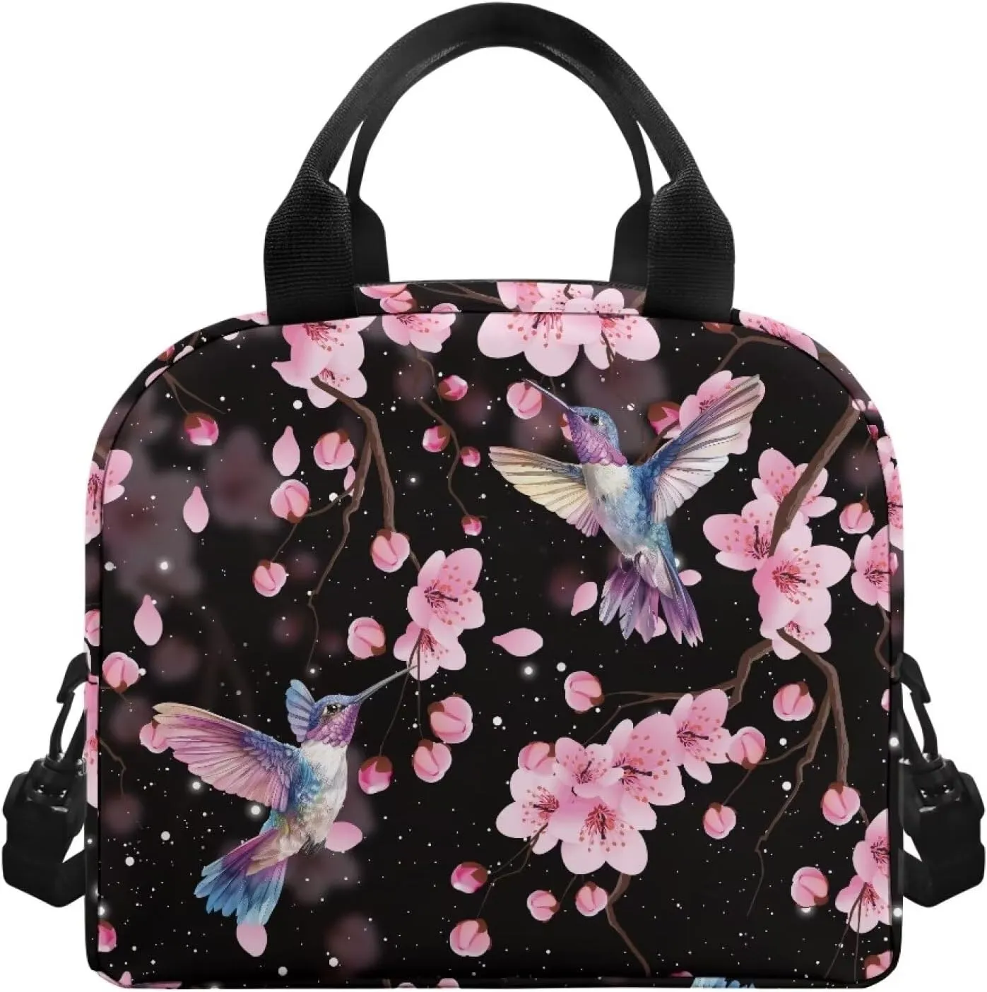 Cherry Blossom Lunch Bag Women Insulated Lunch Box Reusable Lunch Tote Bag Thermal Cooler Bag with Shoulder Strap for Work School Picnic Floral Hummingbird Soft Snack Bento Box Pouch Black