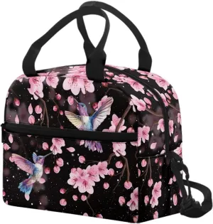 Cherry Blossom Lunch Bag Women Insulated Lunch Box Reusable Lunch Tote Bag Thermal Cooler Bag with Shoulder Strap for Work School Picnic Floral Hummingbird Soft Snack Bento Box Pouch Black