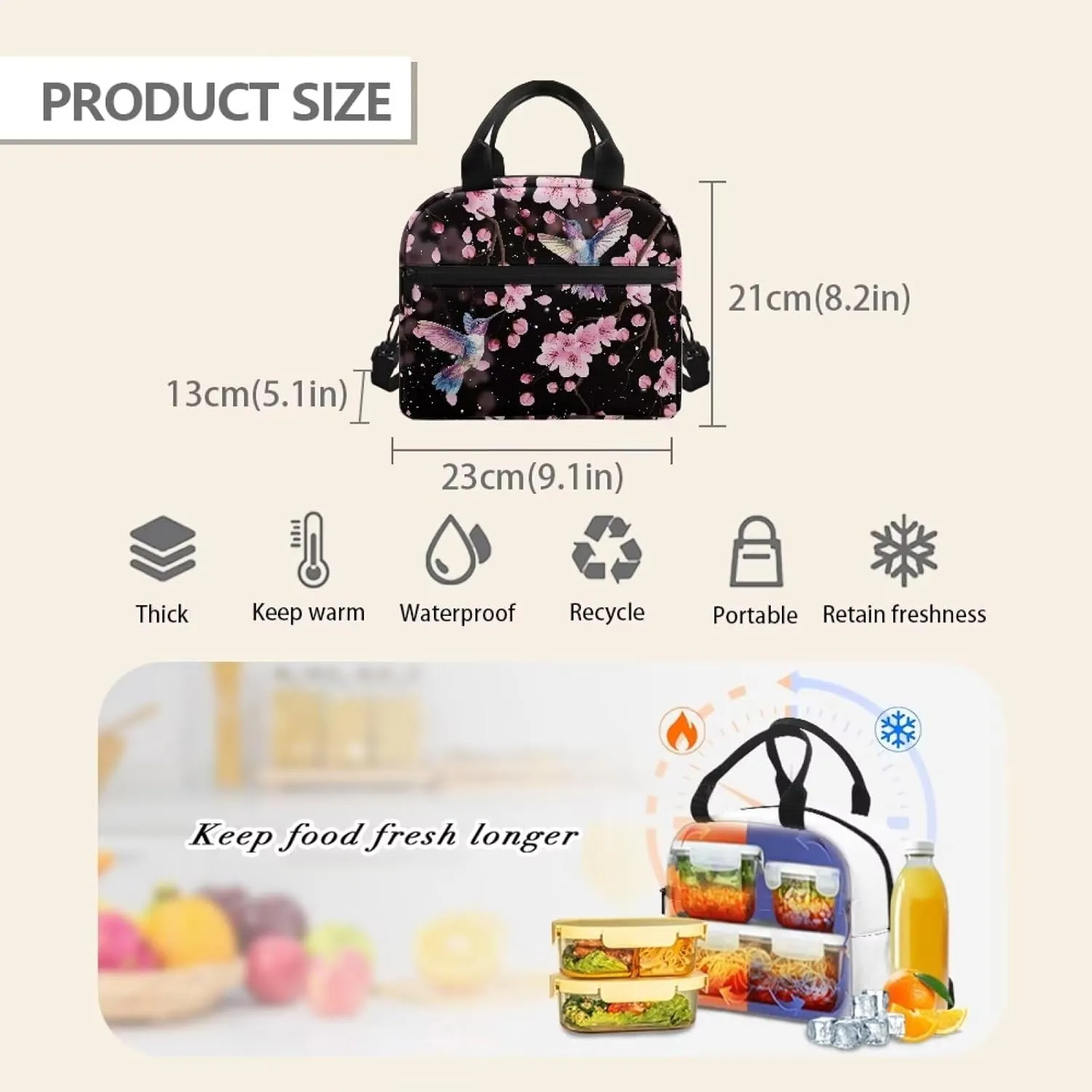 Cherry Blossom Lunch Bag Women Insulated Lunch Box Reusable Lunch Tote Bag Thermal Cooler Bag with Shoulder Strap for Work School Picnic Floral Hummingbird Soft Snack Bento Box Pouch Black