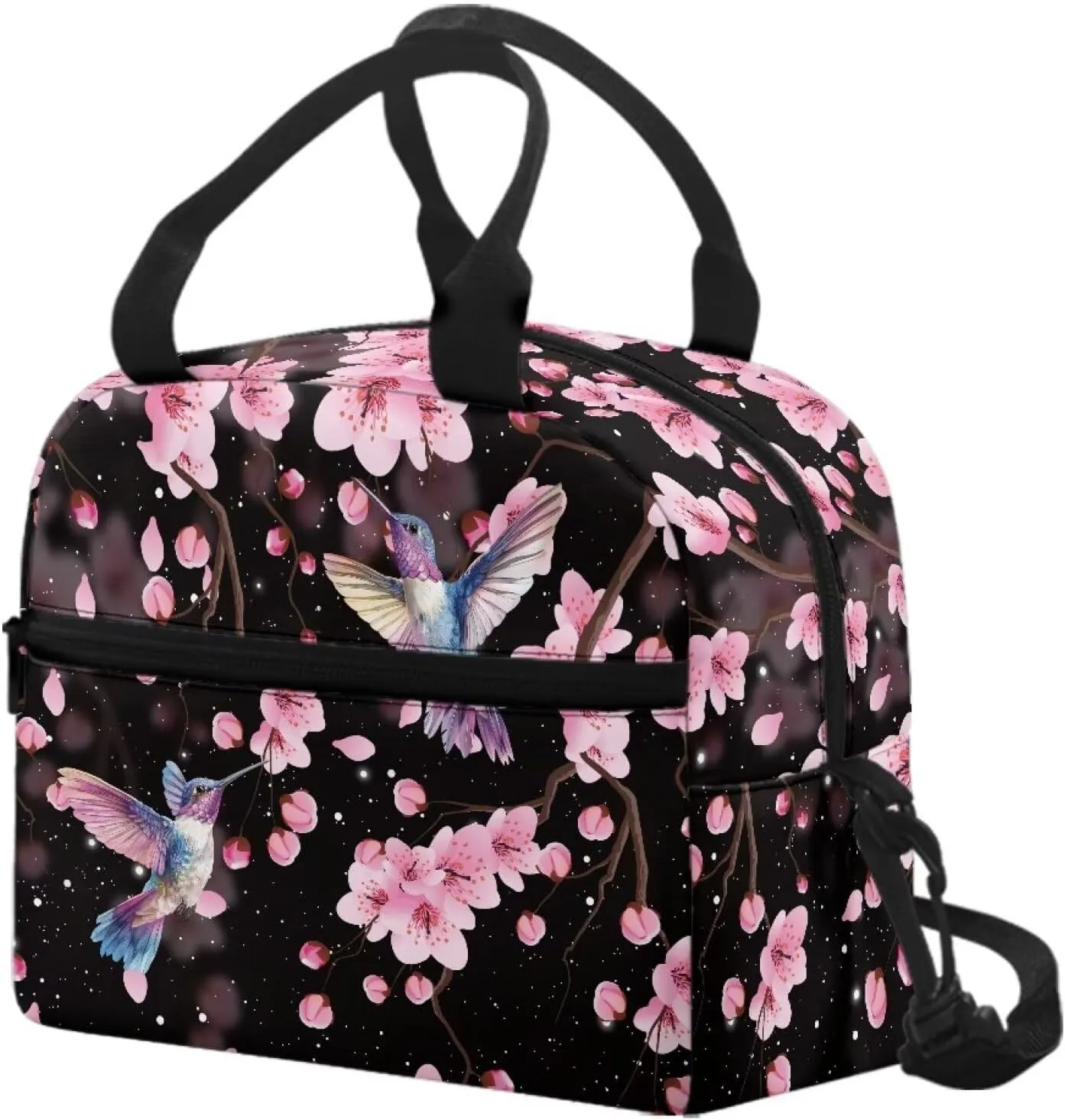 Cherry Blossom Lunch Bag Women Insulated Lunch Box Reusable Lunch Tote Bag Thermal Cooler Bag with Shoulder Strap for Work School Picnic Floral Hummingbird Soft Snack Bento Box Pouch Black