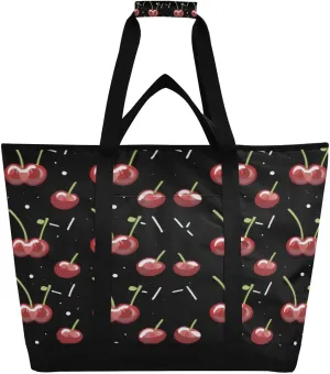 Cherry Print Black Reusable Insulated Lunchbox Cooler Bag, Leakproof Kitchen Grocery Bag Collapsible Portable Cooler Tote Bag for Picnic, Camping, Office, Travel