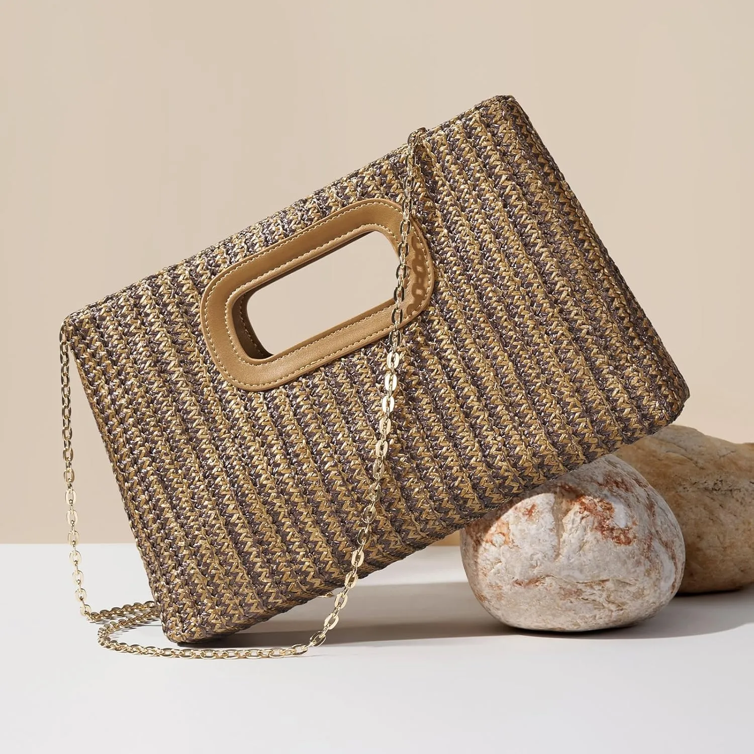 Chic Straw Clutch Purses for Women with Top Handle Summer Bag, Ideal Vacation Handbags and Woven Boho Beach Bags