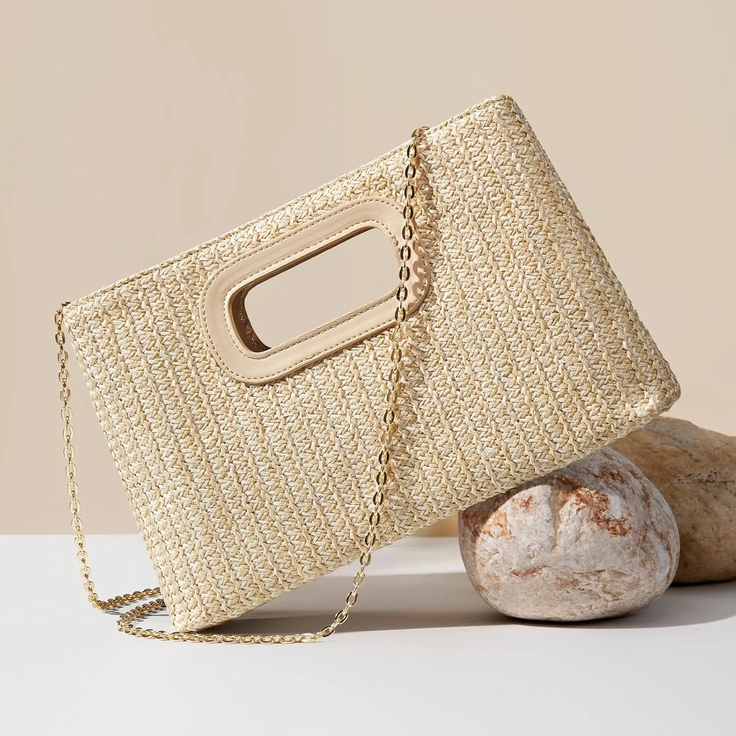 Chic Straw Clutch Purses for Women with Top Handle Summer Bag, Ideal Vacation Handbags and Woven Boho Beach Bags