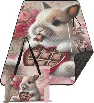 CHIFIGNO Cute Bunny Candy Heart Gift Cute Picnic Blanket Mat Foldable Beach Blankets Waterproof Sandproof Floral Tent Rugs for Camping Mat 80" x 60"