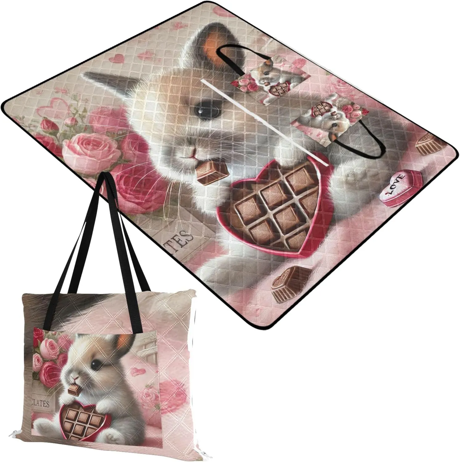 CHIFIGNO Cute Bunny Candy Heart Gift Cute Picnic Blanket Mat Foldable Beach Blankets Waterproof Sandproof Floral Tent Rugs for Camping Mat 80" x 60"