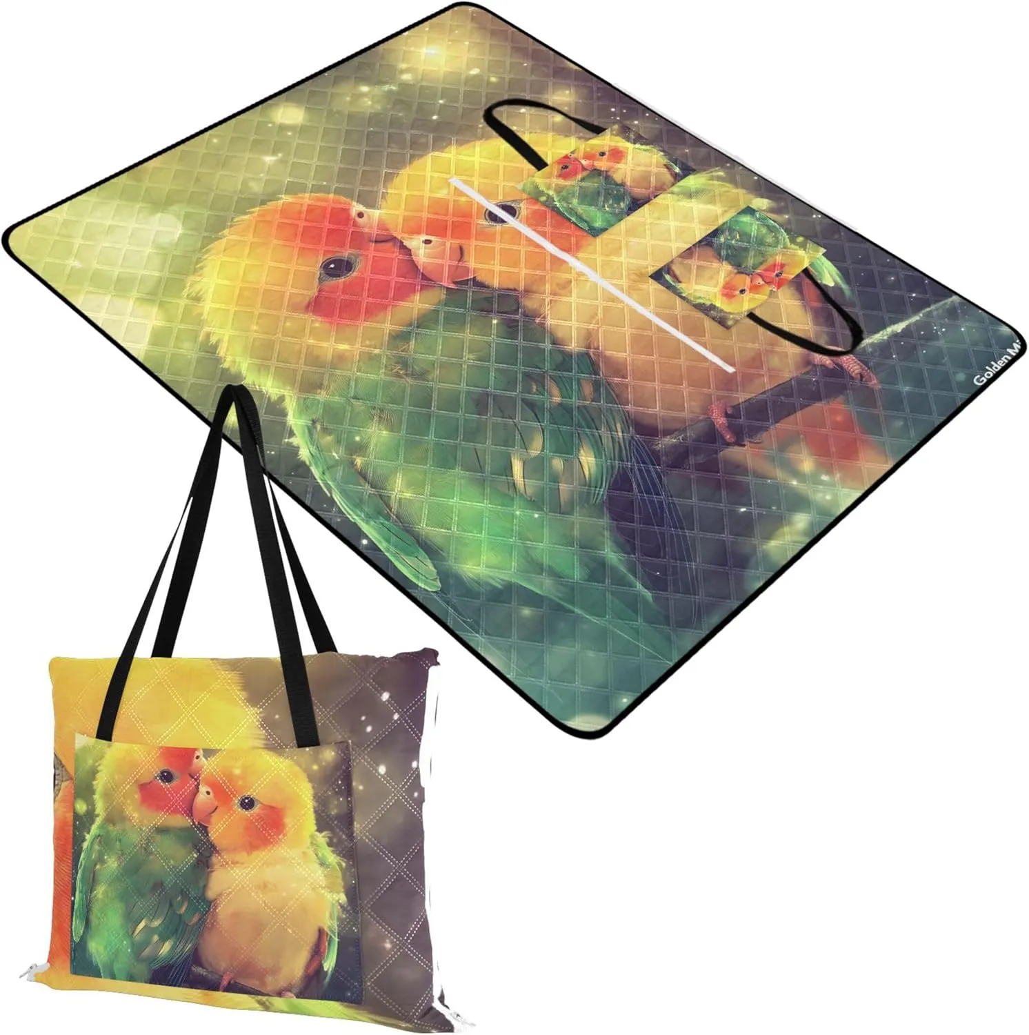 CHIFIGNO Cute Lovebirds Green Yellow Sandproof Beach Blanket Waterproof Lawn Blanket for Grass Mat Cute Picnic Blankets Foldable 80" x 60"