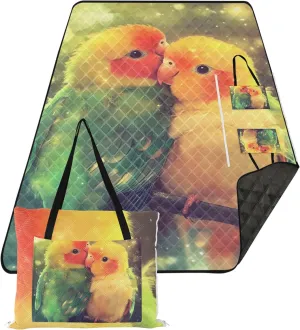 CHIFIGNO Cute Lovebirds Green Yellow Sandproof Beach Blanket Waterproof Lawn Blanket for Grass Mat Cute Picnic Blankets Foldable 80" x 60"