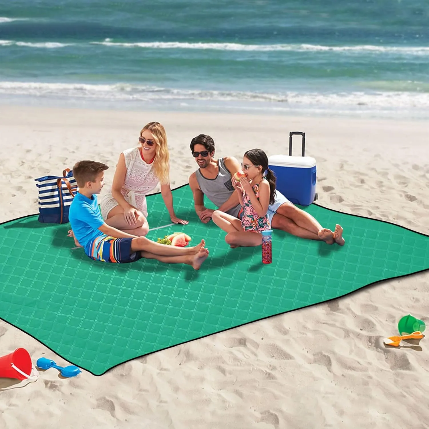 CHIFIGNO Cyan Blue Beach Blanket Sandproof Waterproof Floral Outdoor Camping Mat Cute Picnic Mat Foldable 80" x 60"