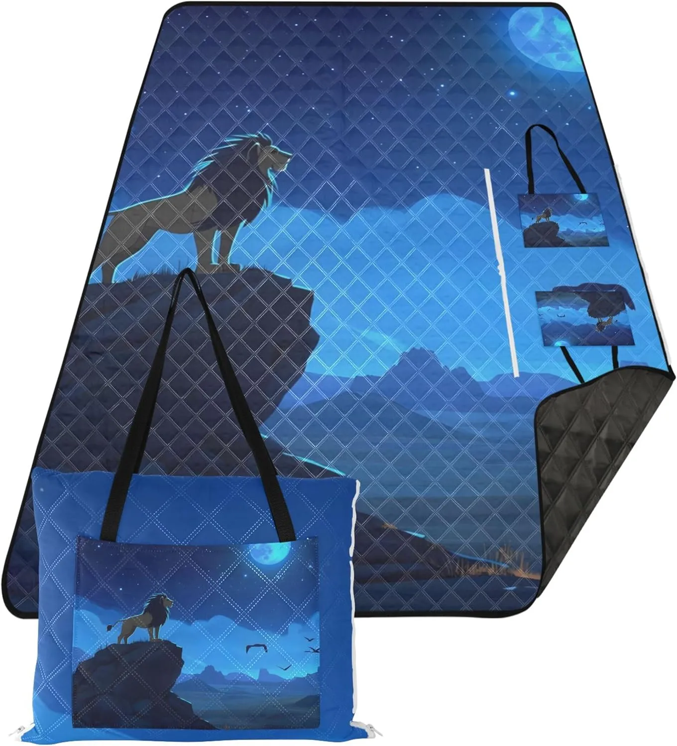 CHIFIGNO Majestic Lion Moonlit Mountain Blue Cute Picnic Mat Foldable Sand Proof Beach Blanket Waterproof Floral Camping Blanket for Grass 80" x 60"