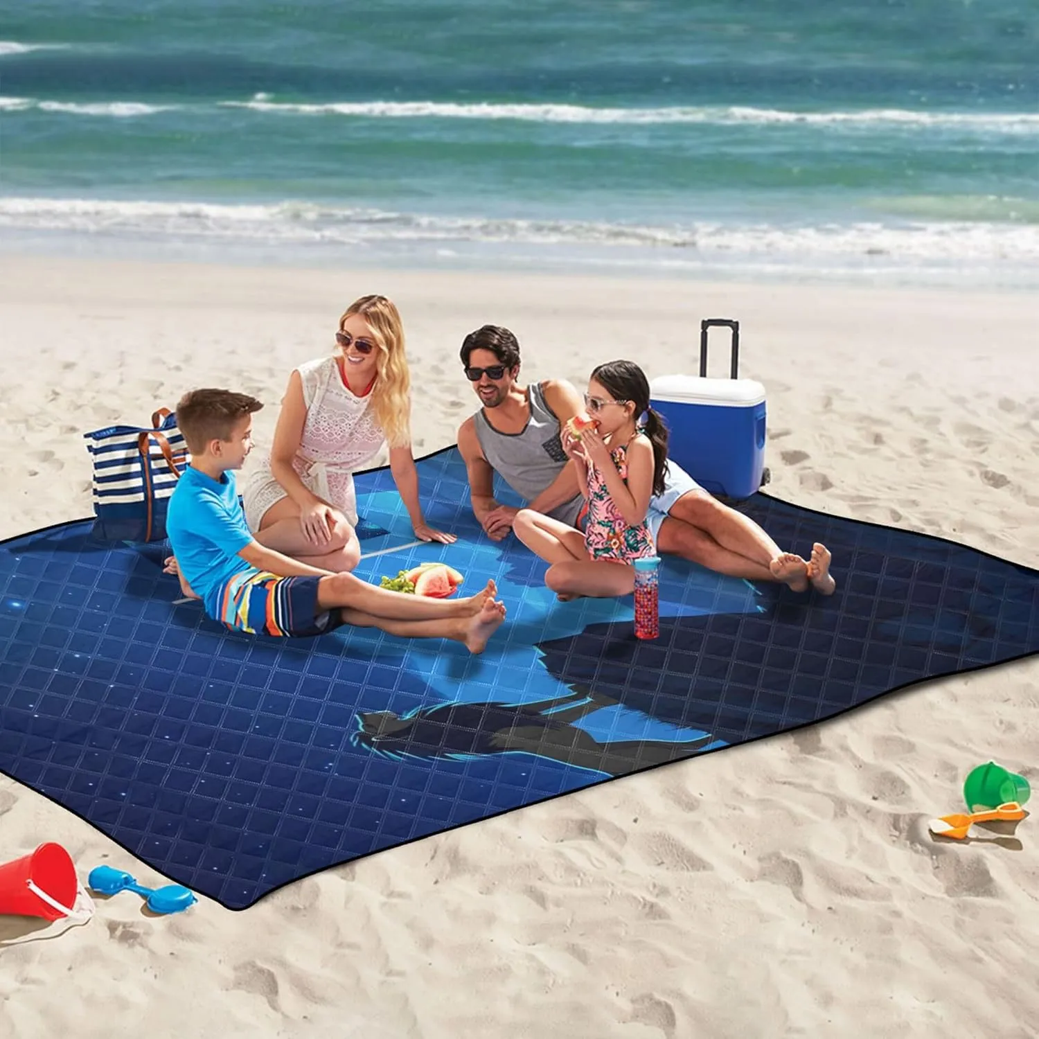CHIFIGNO Majestic Lion Moonlit Mountain Blue Cute Picnic Mat Foldable Sand Proof Beach Blanket Waterproof Floral Camping Blanket for Grass 80" x 60"