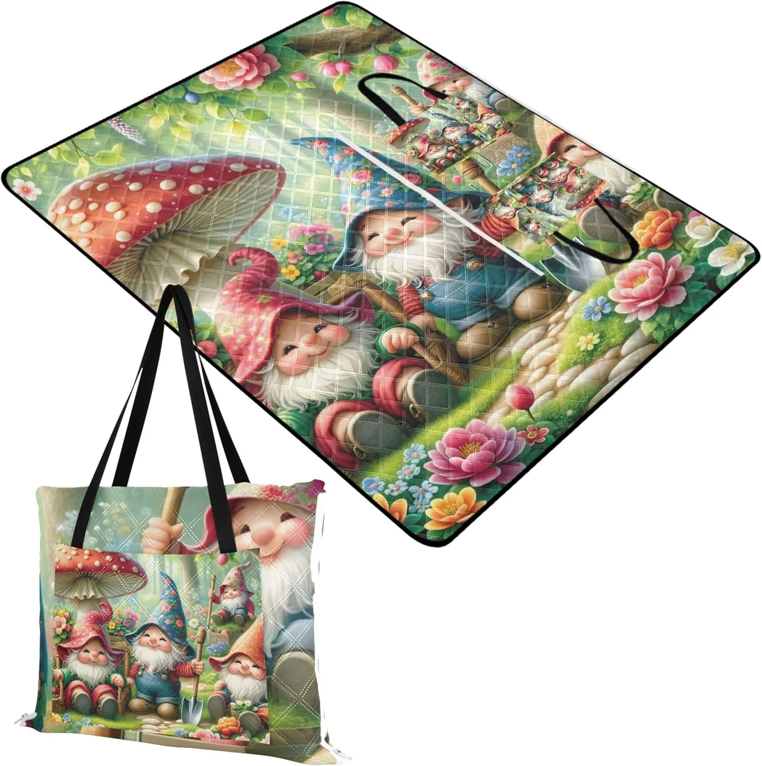 CHIFIGNO Spring Cute Gnomes Beach Blankets Waterproof Sandproof Outdoor Play Mat for Grass Foldable Picnic Blankets Large 80" x 60"