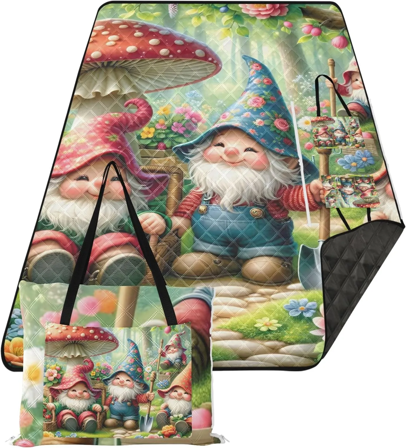 CHIFIGNO Spring Cute Gnomes Beach Blankets Waterproof Sandproof Outdoor Play Mat for Grass Foldable Picnic Blankets Large 80" x 60"