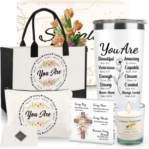 Christian Gifts for Women Faith, Religious Birthday Present for Women, 6 PCS Catholic Canvas Tote Bag for Friends Sister Wife Girlfriends Coworker Mom Boss Lady, Mothers Day Gifts for Mom