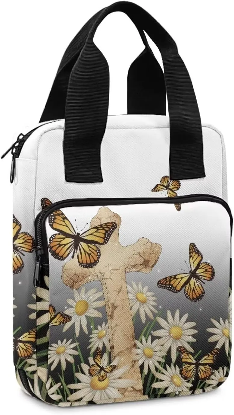 Christian Print Bible Cover,Polyester Bible Case for Women,Cross Floral Print Bible Bag Bible Case with Top Handle