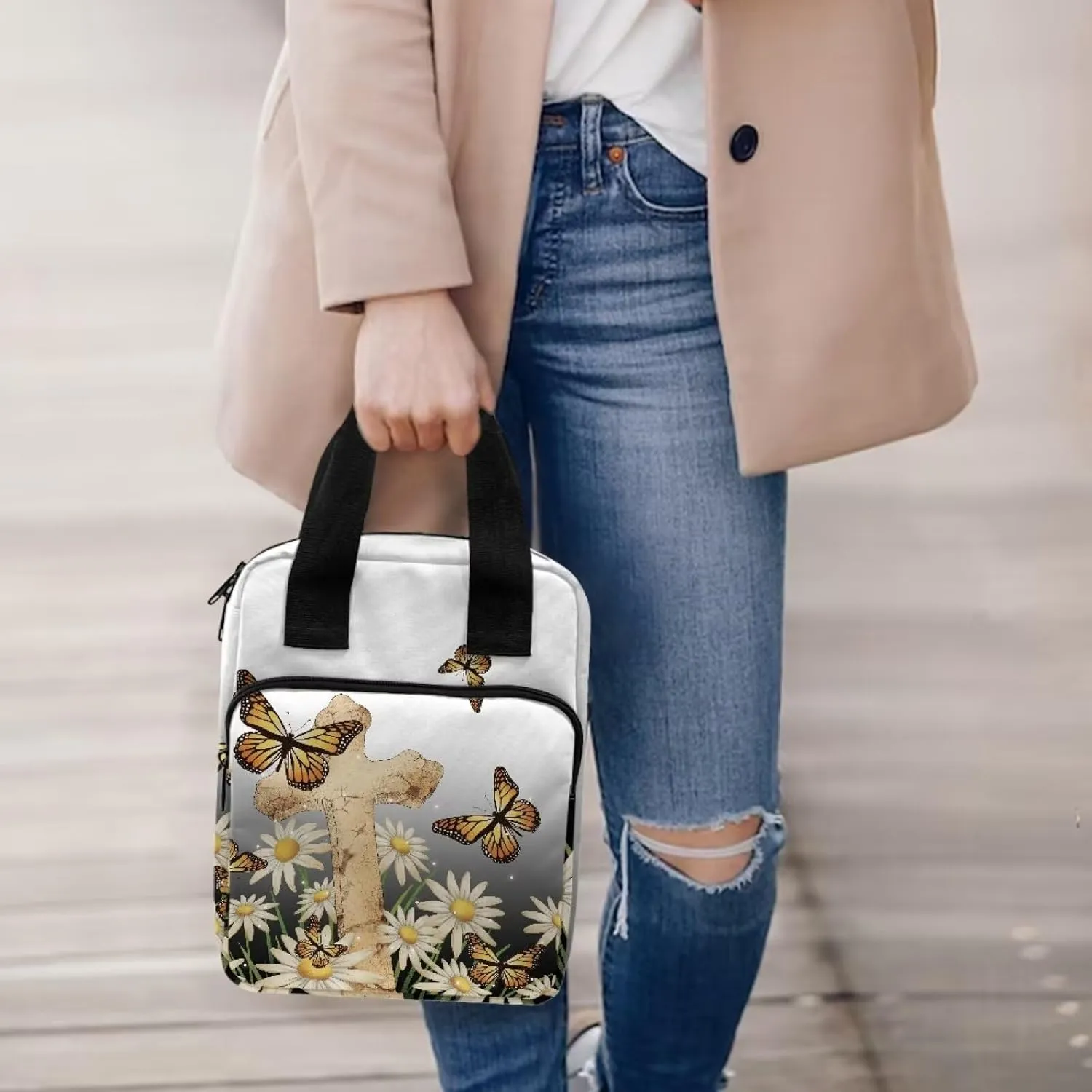 Christian Print Bible Cover,Polyester Bible Case for Women,Cross Floral Print Bible Bag Bible Case with Top Handle