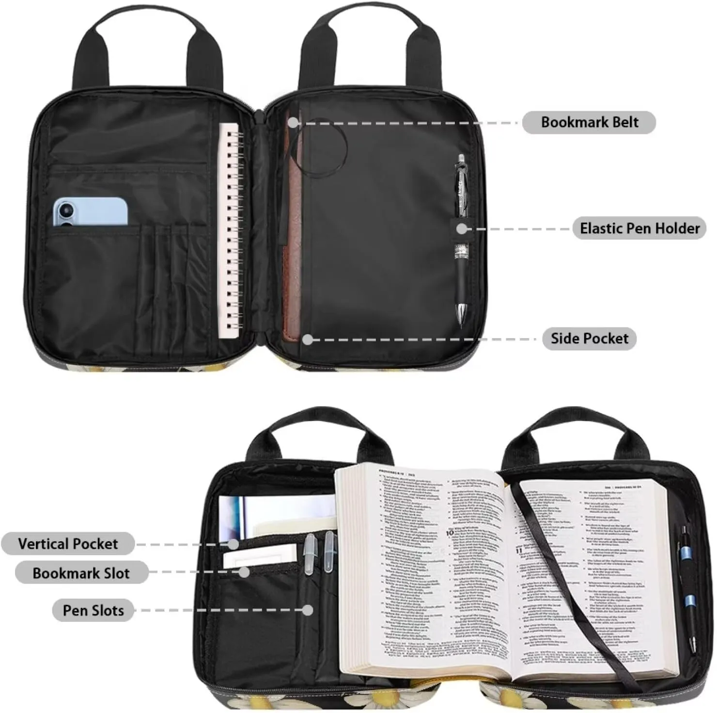 Christian Print Bible Cover,Polyester Bible Case for Women,Cross Floral Print Bible Bag Bible Case with Top Handle