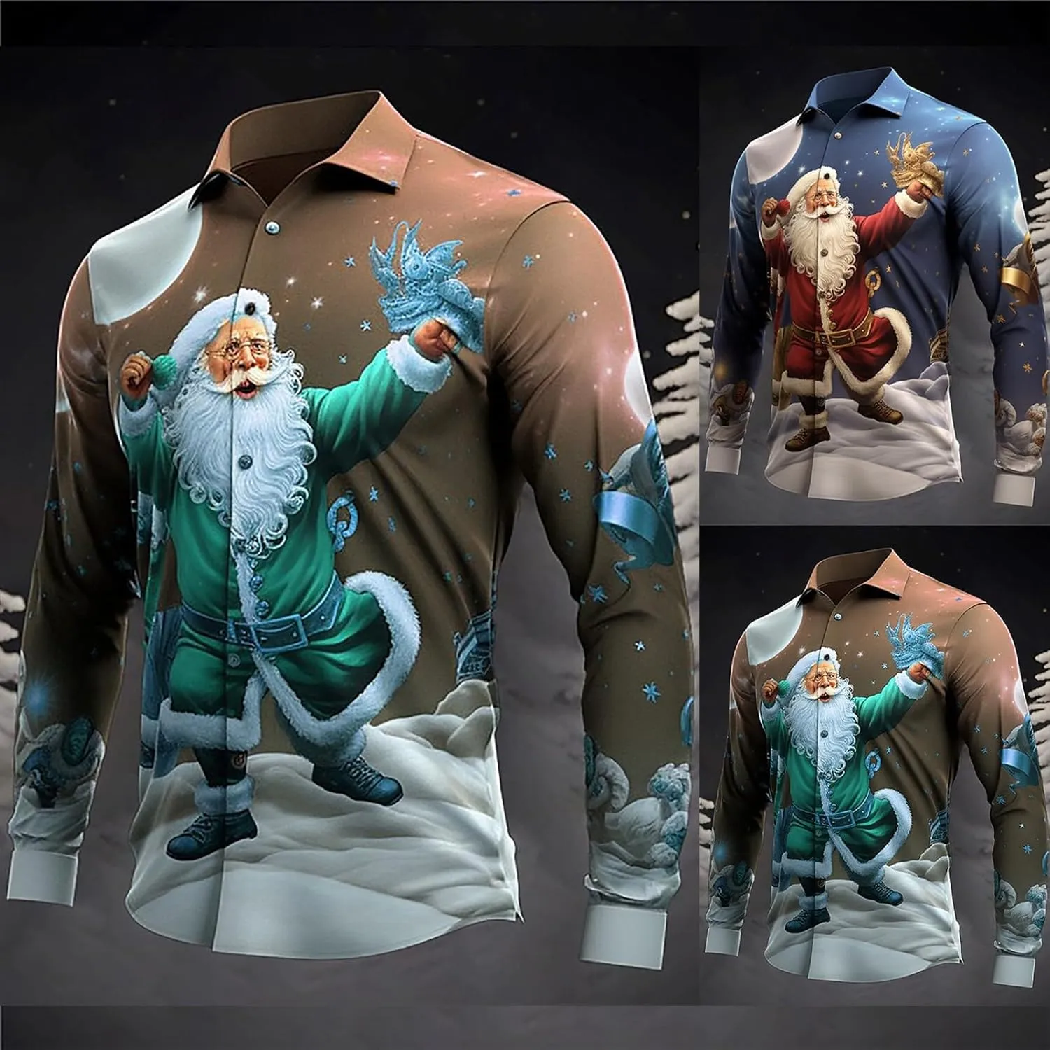 Christmas Hawaiian Shirt for Men Ugly Funny Slim Fit Santa Printed Dress Shirts Long Sleeve Button Down Holiday Shirt