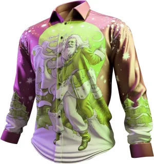 Christmas Hawaiian Shirt for Men Ugly Funny Slim Fit Santa Printed Dress Shirts Long Sleeve Button Down Holiday Shirt