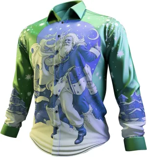 Christmas Hawaiian Shirt for Men Ugly Funny Slim Fit Santa Printed Dress Shirts Long Sleeve Button Down Holiday Shirt