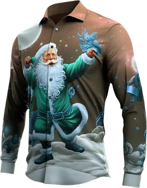 Christmas Hawaiian Shirt for Men Ugly Funny Slim Fit Santa Printed Dress Shirts Long Sleeve Button Down Holiday Shirt