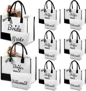 Chunful 8 Pcs Bride Bridesmaids Gift Bag 16x12x7 Inch Canvas Tote with 8 Pcs Bride Bridesmaids Makeup Bag for Wedding Favor Bachelorette Bridal Shower Party