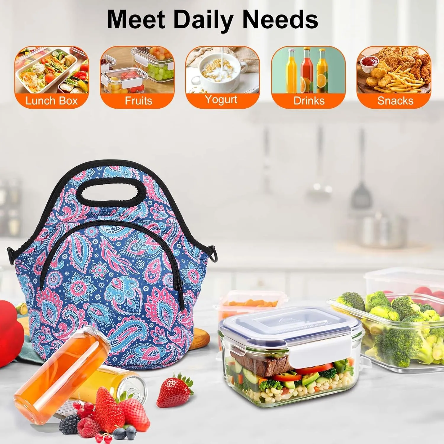 CILLA Neoprene Lunch Bag for Women Insulated Lunch Tote Bags Washable Lunch Container Box Picnic Lightweight Meal Prep Bags(Cashew )