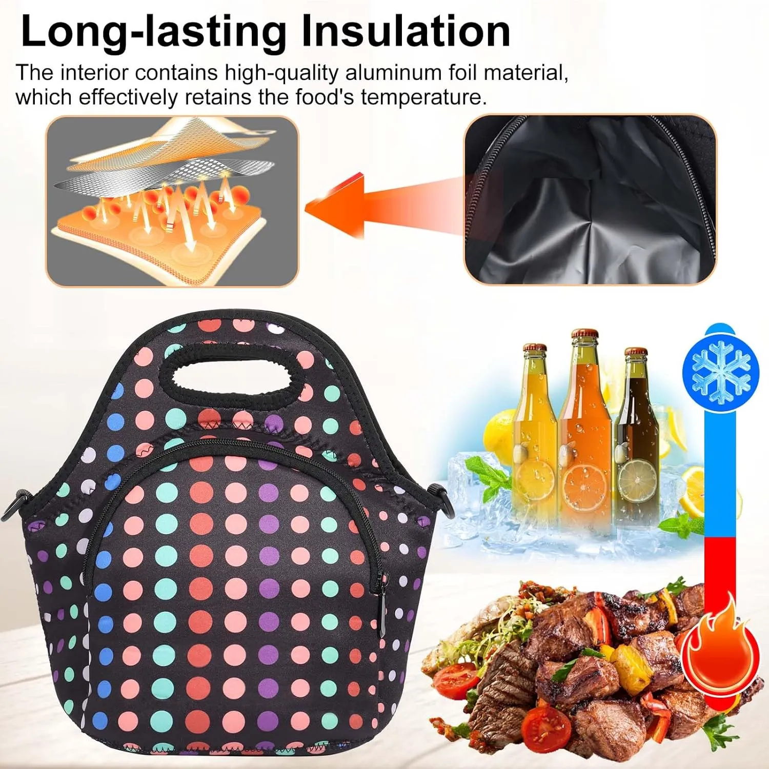 CILLA Neoprene Lunch Bag for Women Insulated Lunch Tote Bags Washable Lunch Container Box Picnic Lightweight Meal Prep Bags(Small Colored Dots )