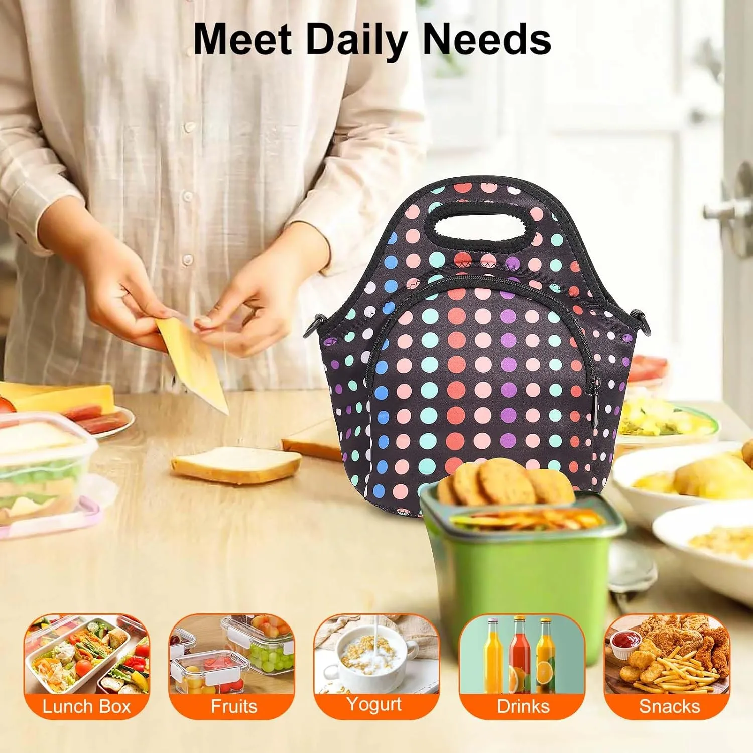CILLA Neoprene Lunch Bag for Women Insulated Lunch Tote Bags Washable Lunch Container Box Picnic Lightweight Meal Prep Bags(Small Colored Dots )
