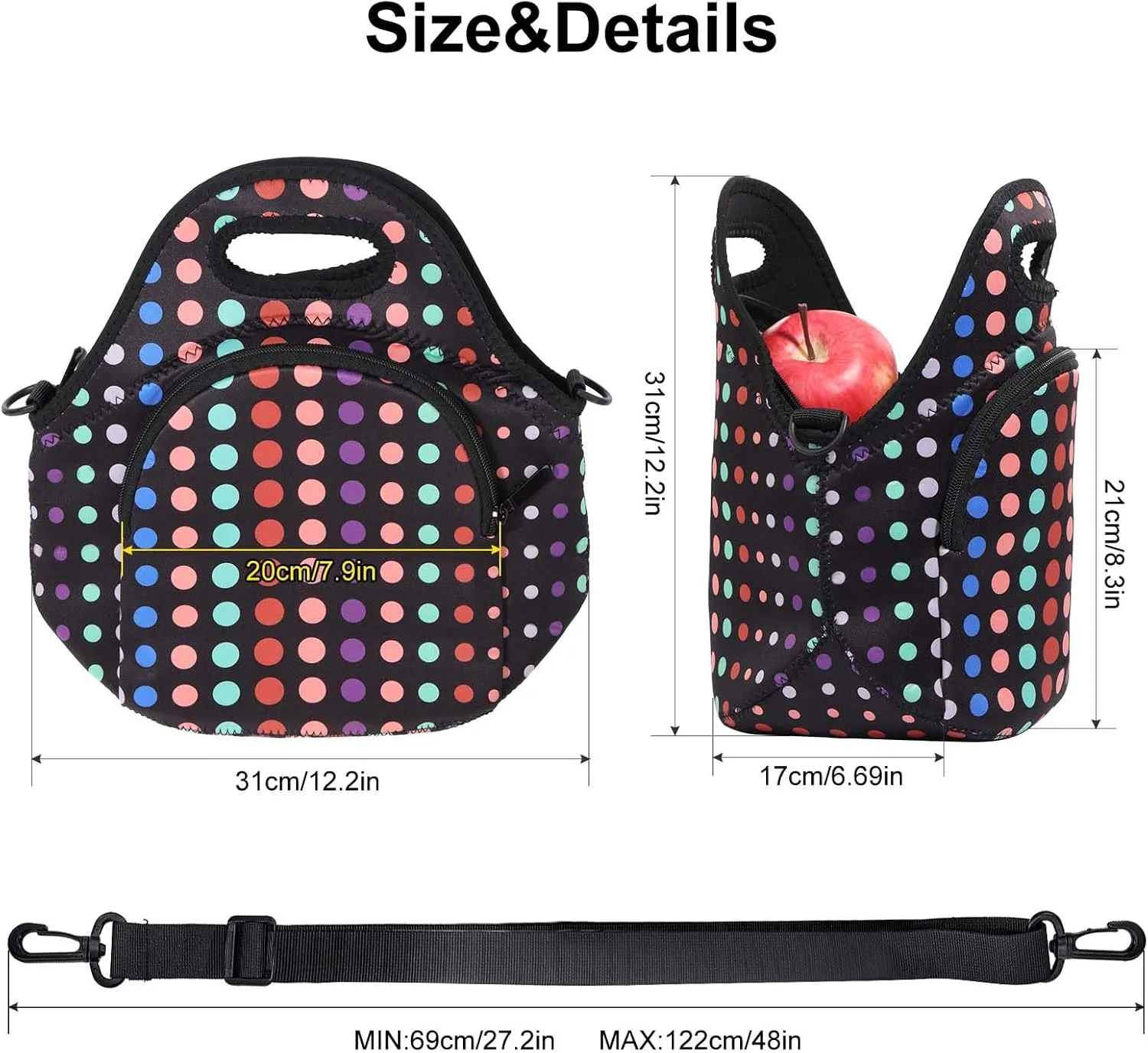 CILLA Neoprene Lunch Bag for Women Insulated Lunch Tote Bags Washable Lunch Container Box Picnic Lightweight Meal Prep Bags(Small Colored Dots )