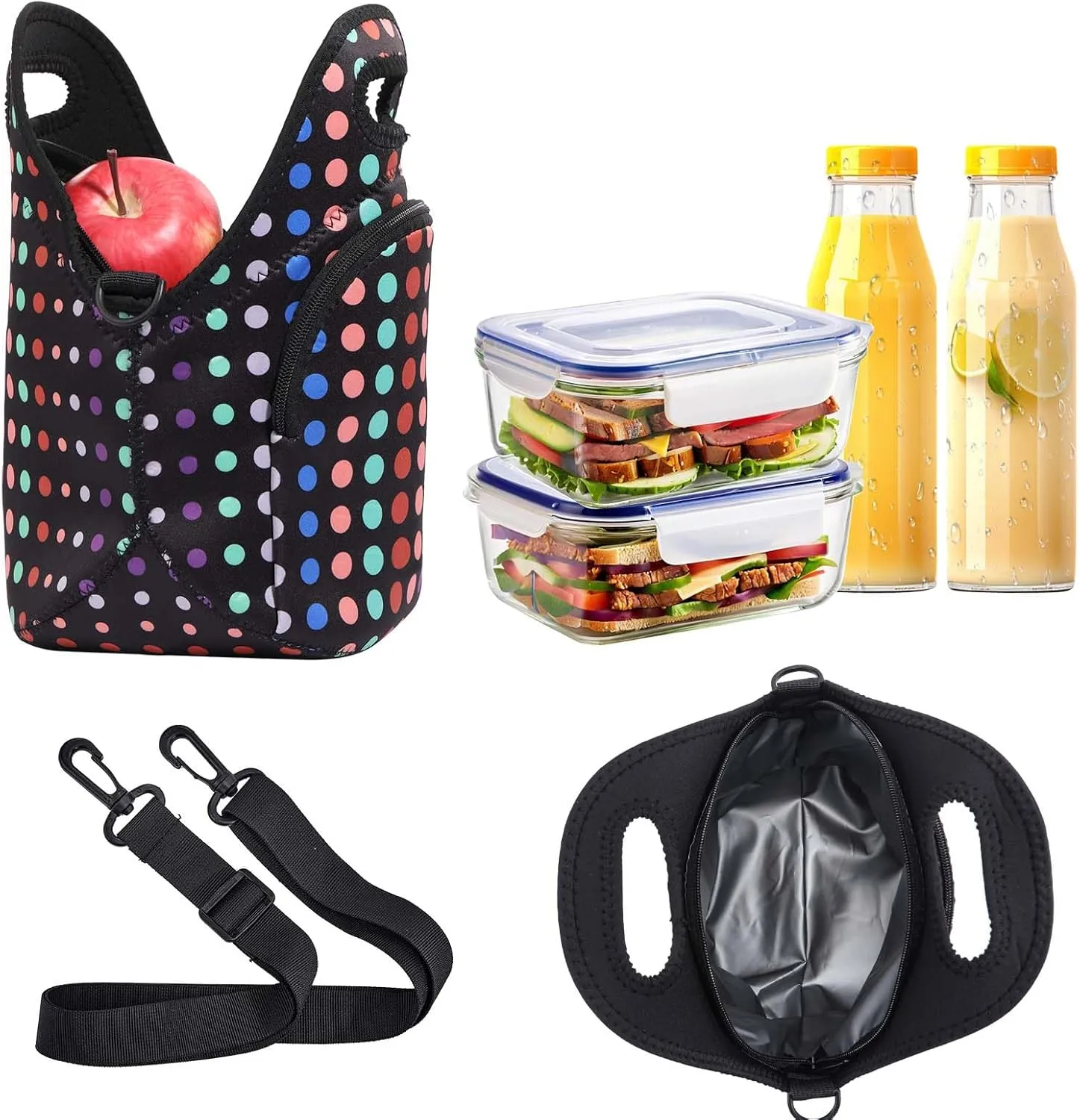 CILLA Neoprene Lunch Bag for Women Insulated Lunch Tote Bags Washable Lunch Container Box Picnic Lightweight Meal Prep Bags(Small Colored Dots )