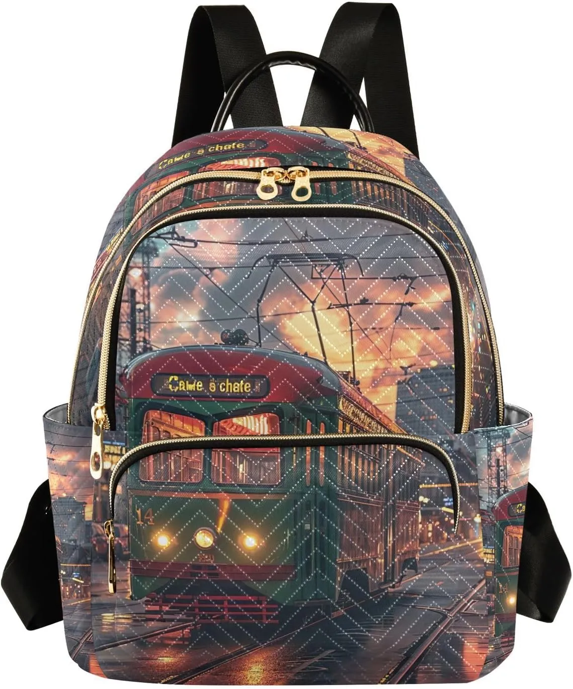 City Tram Streetcars Mini Backpack Purse for Women Fashion Quilted Backpack Small Travel Daypack, 14L