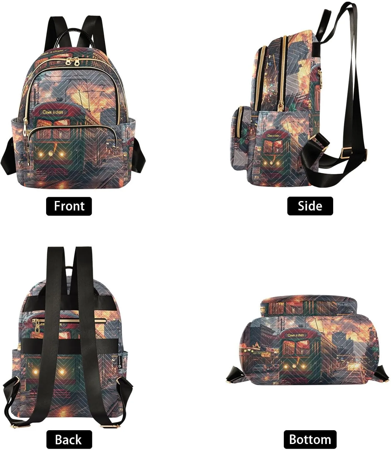 City Tram Streetcars Mini Backpack Purse for Women Fashion Quilted Backpack Small Travel Daypack, 14L