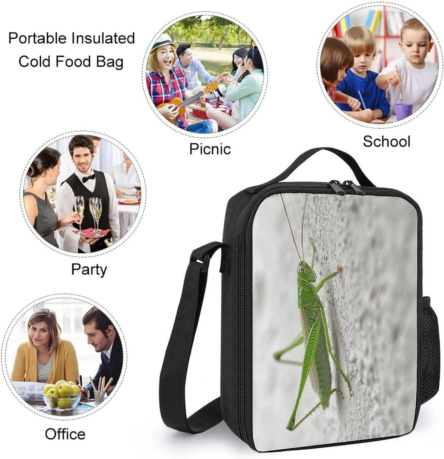 Classic Lunch Box for Men Women,Green Grasshopper Image Reusable Insulated Lunch Bag Cooler for Work Picnic Or Travel