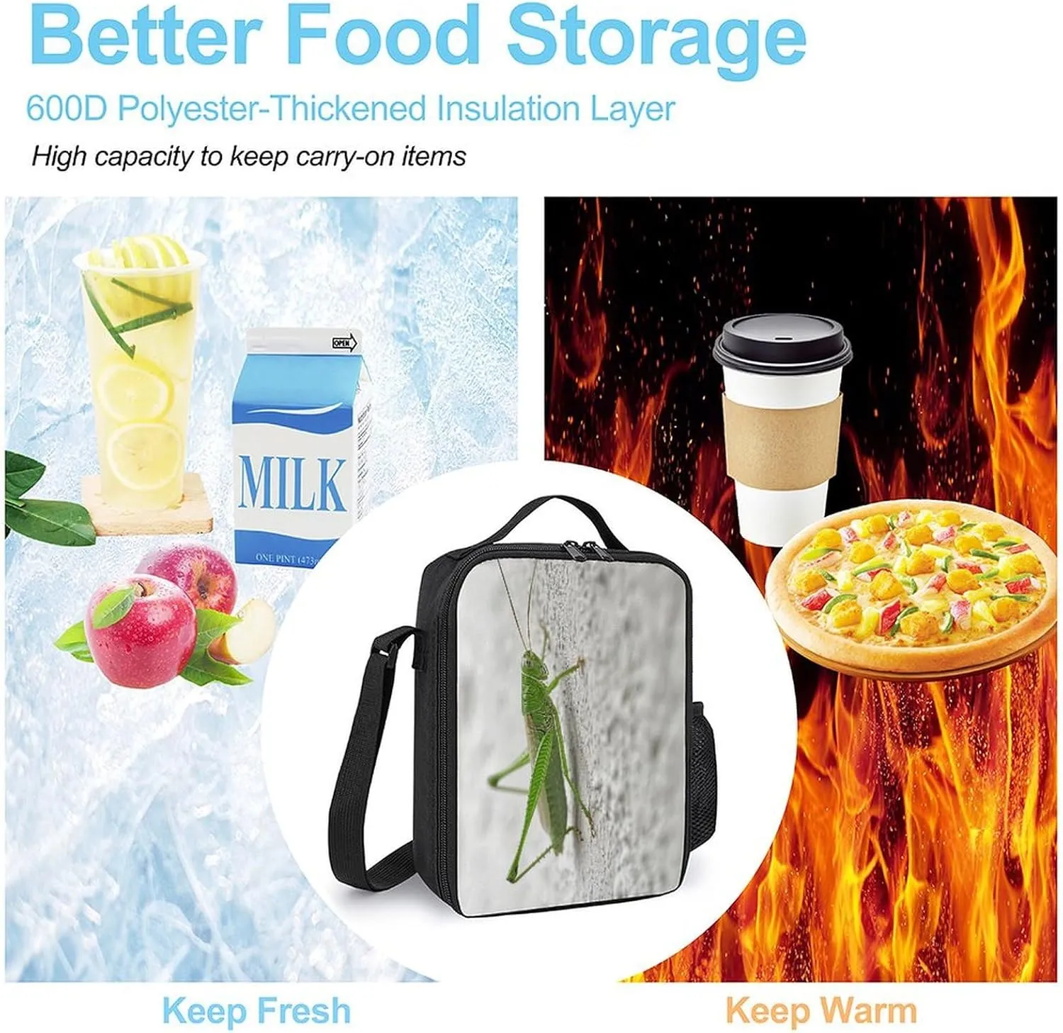 Classic Lunch Box for Men Women,Green Grasshopper Image Reusable Insulated Lunch Bag Cooler for Work Picnic Or Travel