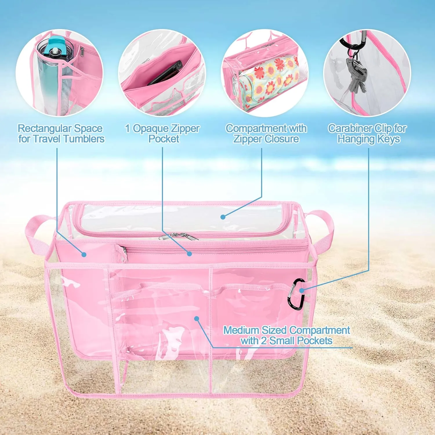 Clear Beach Bag Organizer Insert Compatible with BOGG BAG Original X Large, Zipper Organizer Liner Compatible with BOGG BAG Original X Large, Insert Divider Pouch with 2 Compartments, Pink