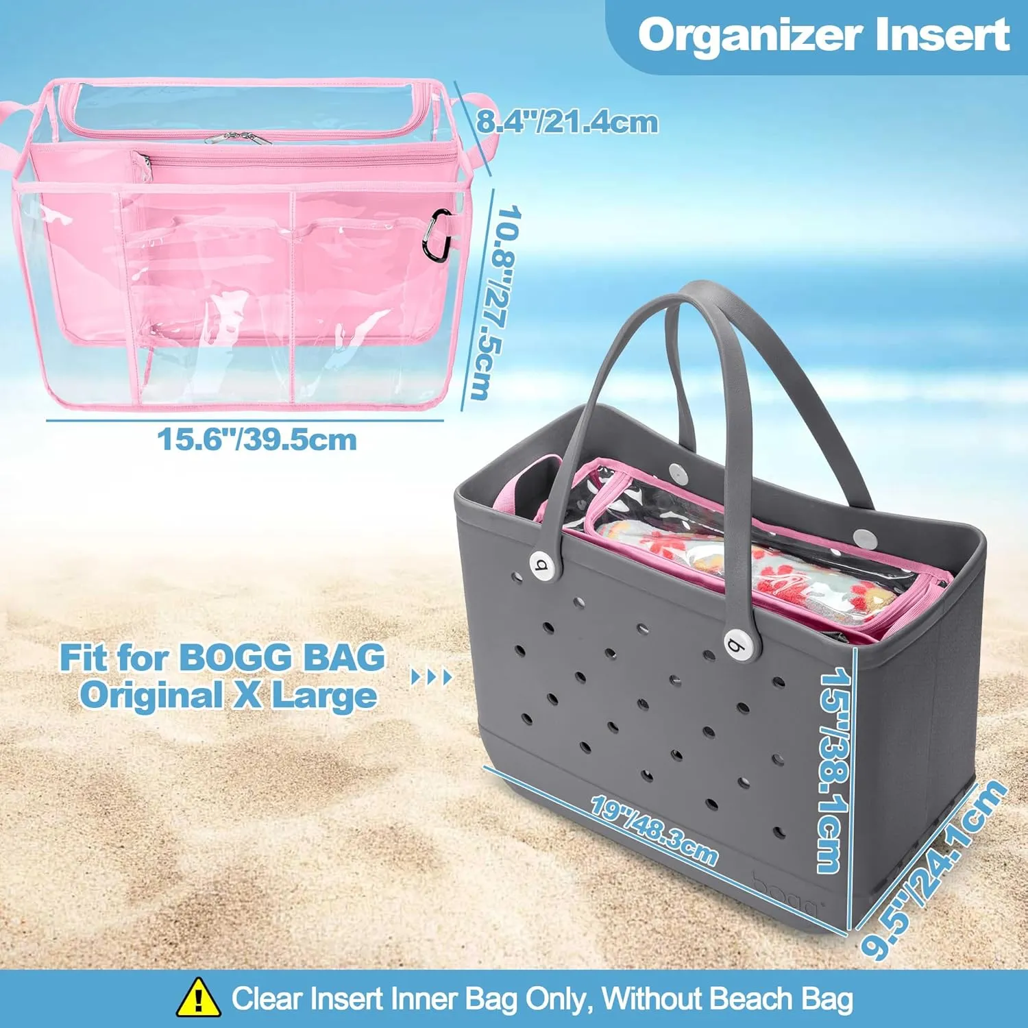 Clear Beach Bag Organizer Insert Compatible with BOGG BAG Original X Large, Zipper Organizer Liner Compatible with BOGG BAG Original X Large, Insert Divider Pouch with 2 Compartments, Pink