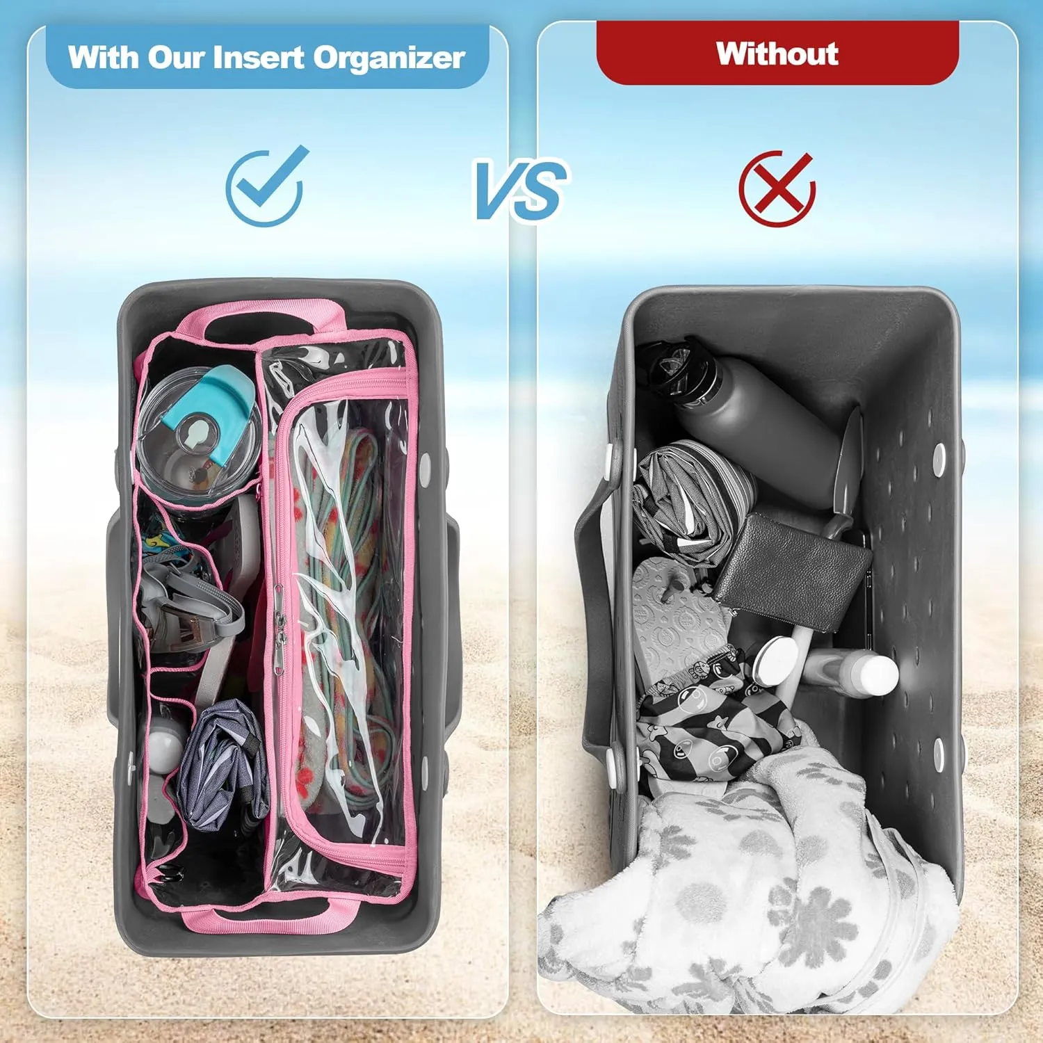 Clear Beach Bag Organizer Insert Compatible with BOGG BAG Original X Large, Zipper Organizer Liner Compatible with BOGG BAG Original X Large, Insert Divider Pouch with 2 Compartments, Pink