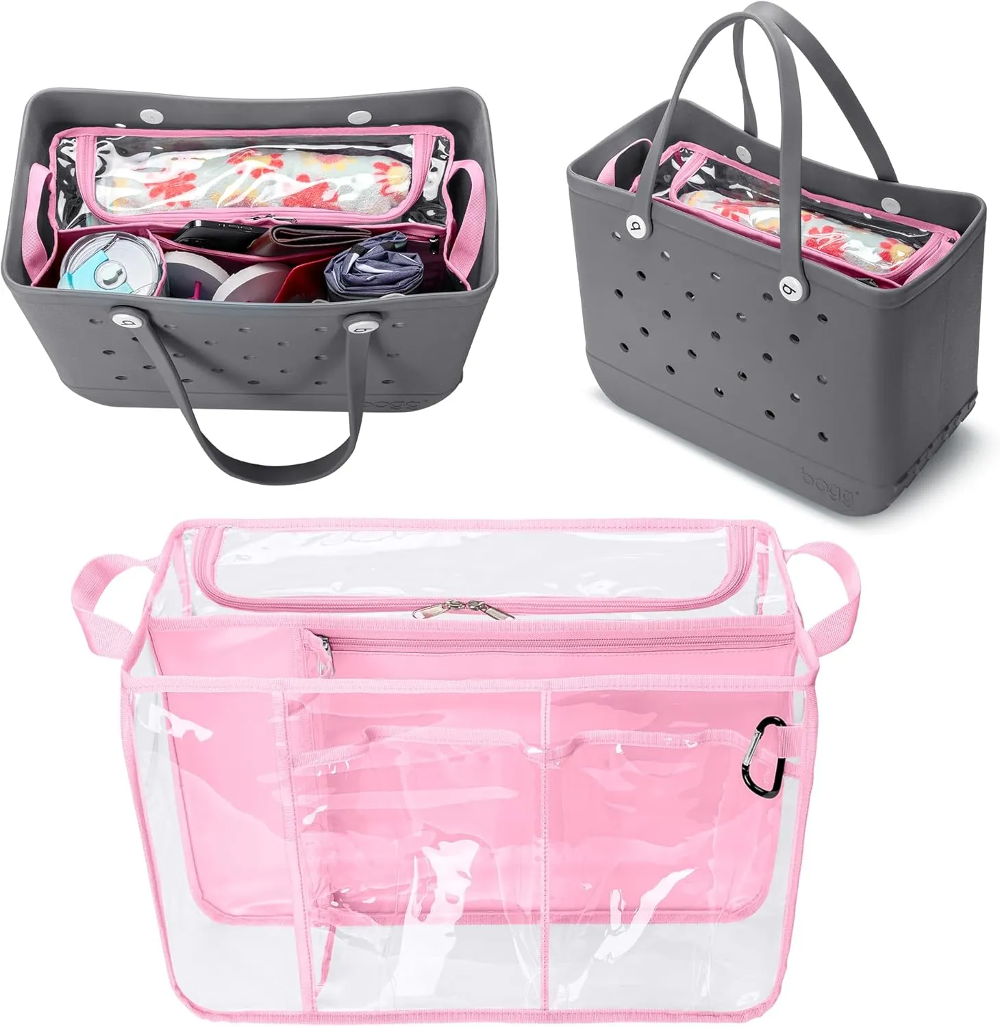 Clear Beach Bag Organizer Insert Compatible with BOGG BAG Original X Large, Zipper Organizer Liner Compatible with BOGG BAG Original X Large, Insert Divider Pouch with 2 Compartments, Pink