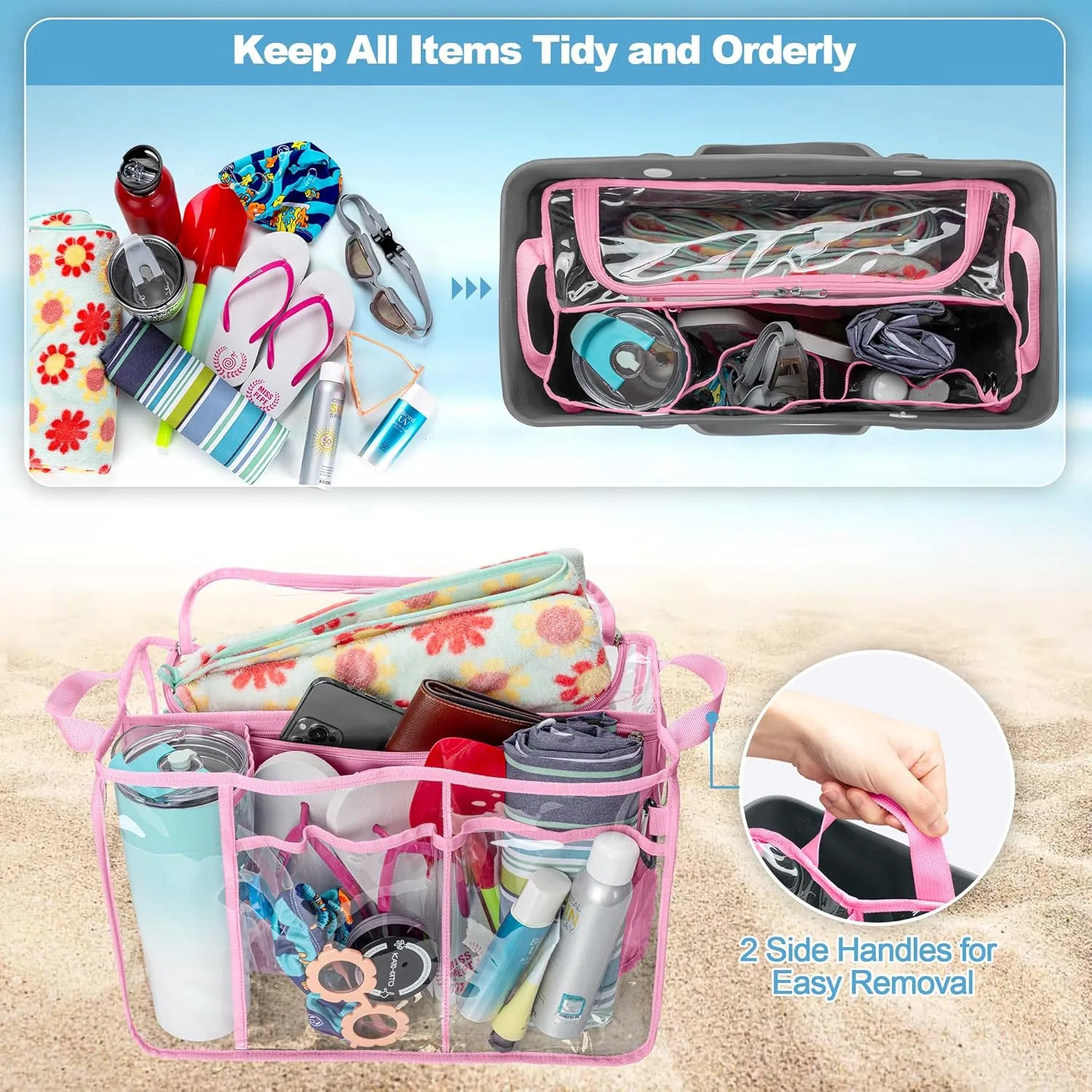 Clear Beach Bag Organizer Insert Compatible with BOGG BAG Original X Large, Zipper Organizer Liner Compatible with BOGG BAG Original X Large, Insert Divider Pouch with 2 Compartments, Pink